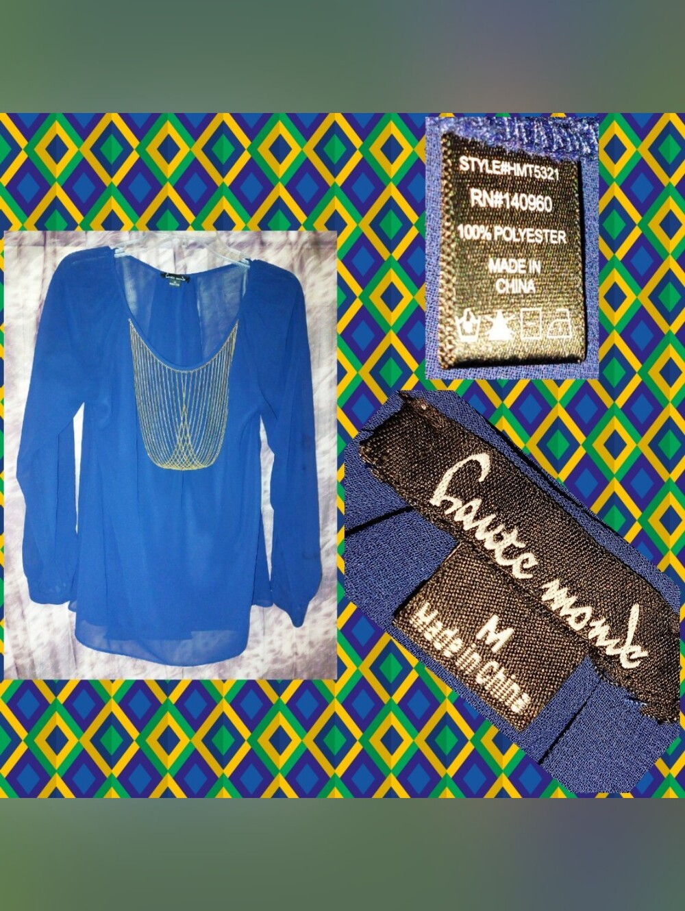 Haute Monde Navy Blue Woven Sheer Blouse w/Drape Chain & Split Back Details Sz M